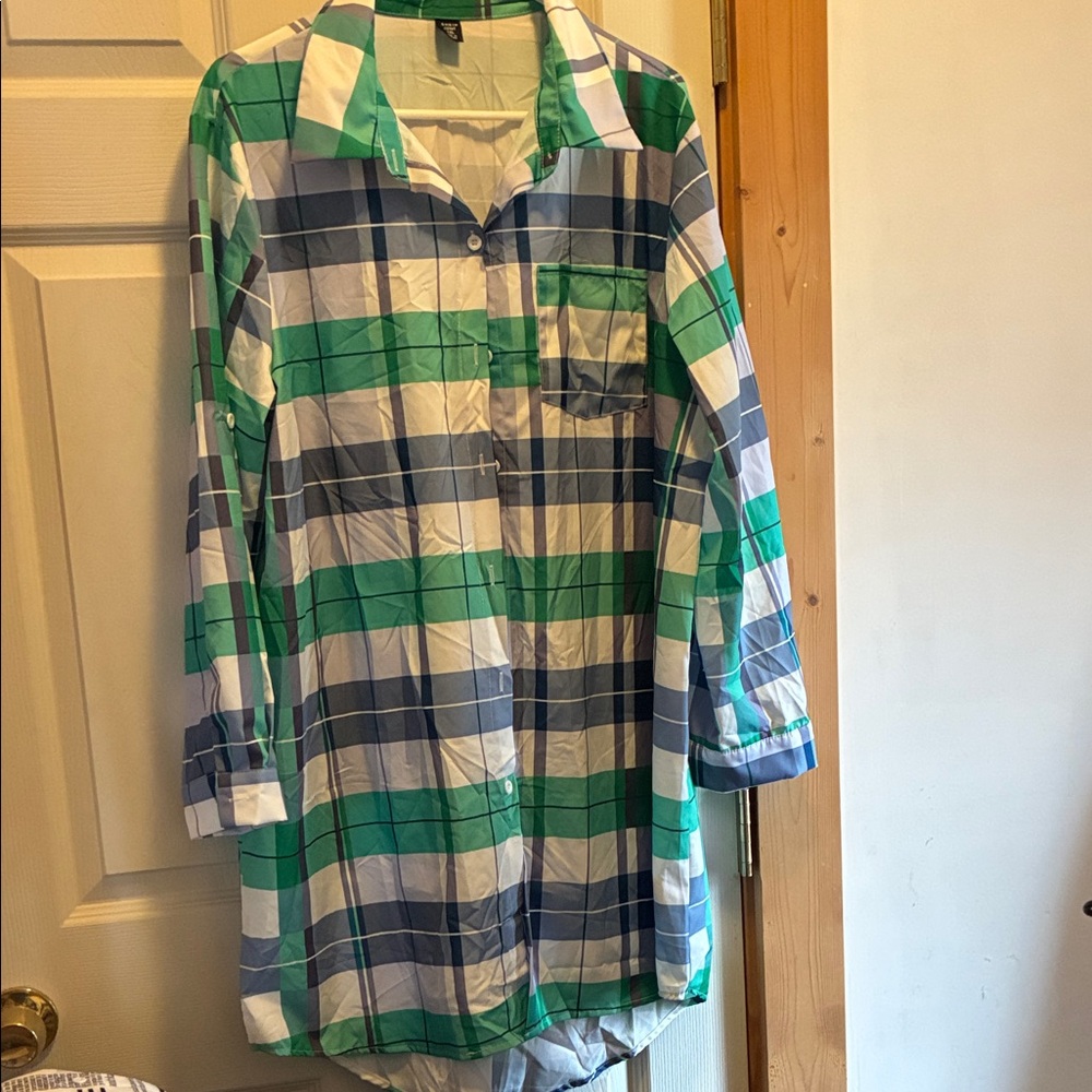 SHEIN Curve Teal and Navy Plaid Shirt